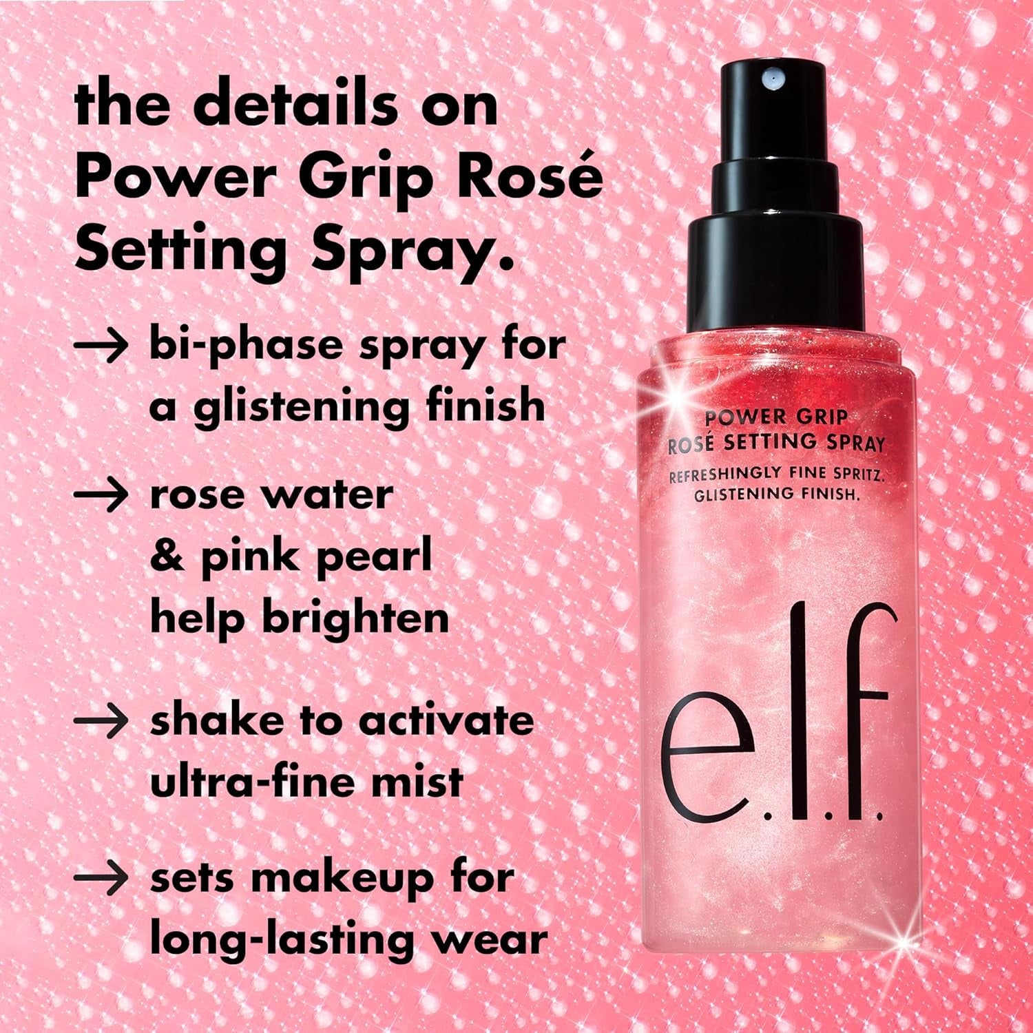 Power Grip Rosé Setting Spray, Grips Makeup for Lasting Wear & Glistening, Glowy Finish, Made with Niacinamide, Vegan & Cruelty-Free