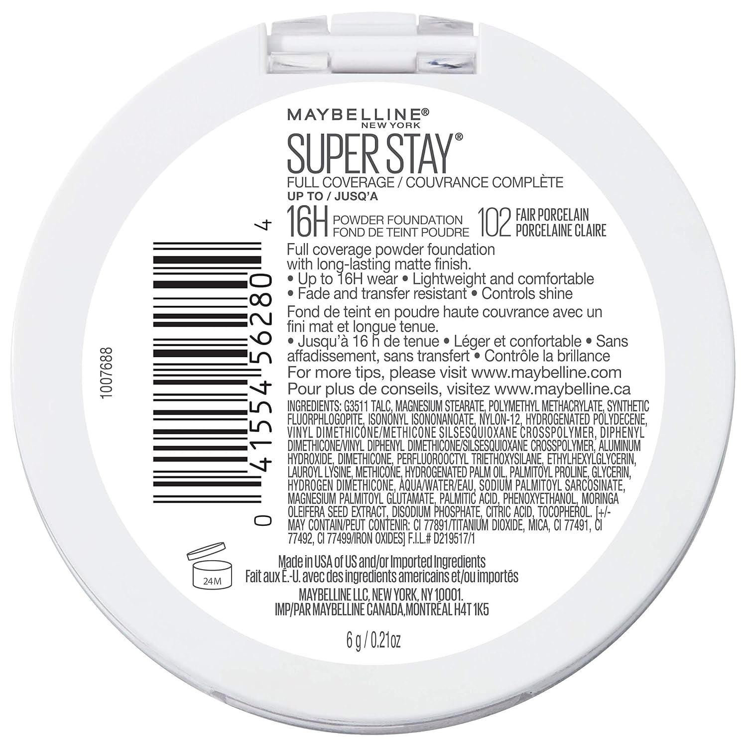 Maybelline Super Stay Full Coverage Powder Foundation Makeup, up to 16 Hour Wear, Soft, Creamy Matte Foundation, Fair Porcelain, 1 Count