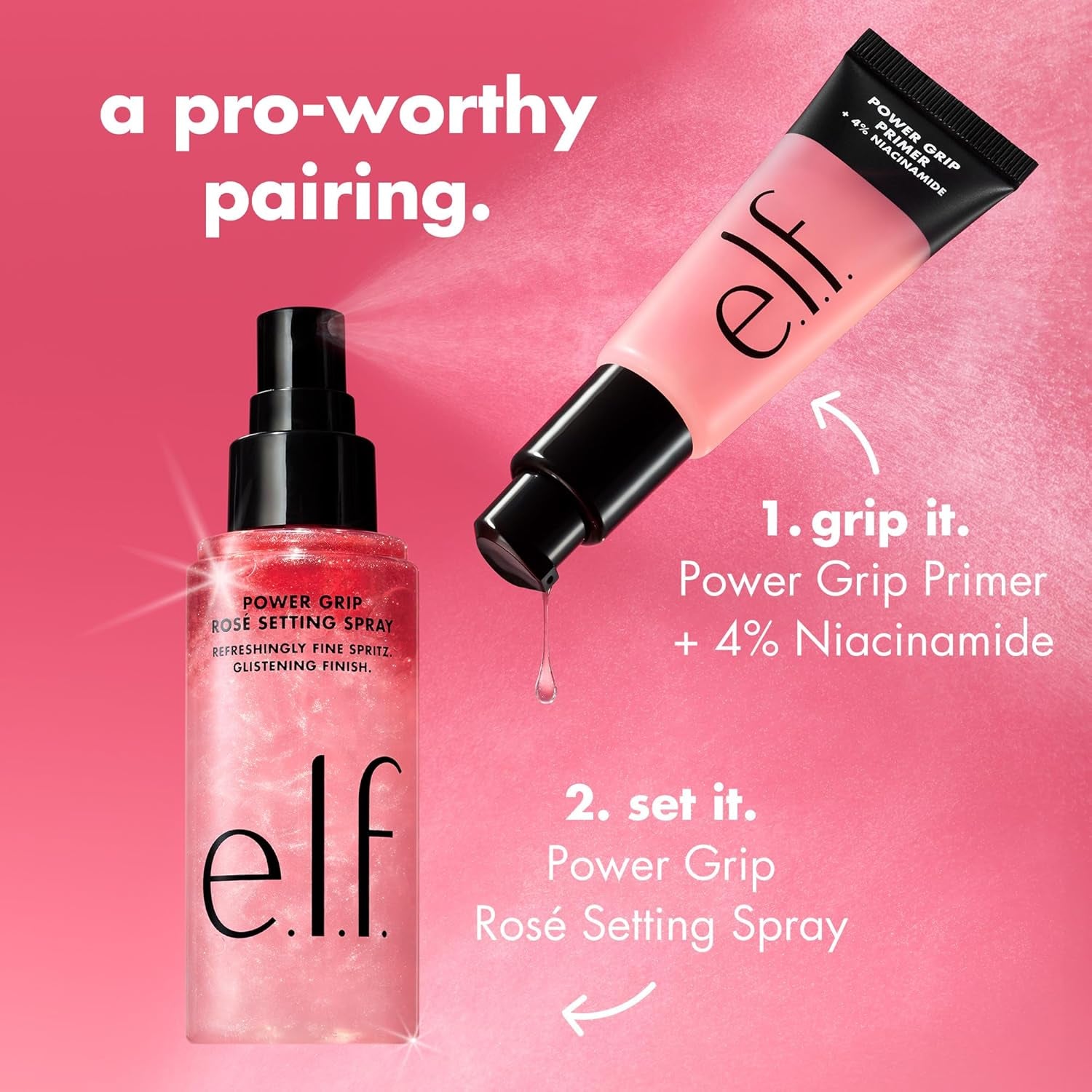 Power Grip Rosé Setting Spray, Grips Makeup for Lasting Wear & Glistening, Glowy Finish, Made with Niacinamide, Vegan & Cruelty-Free