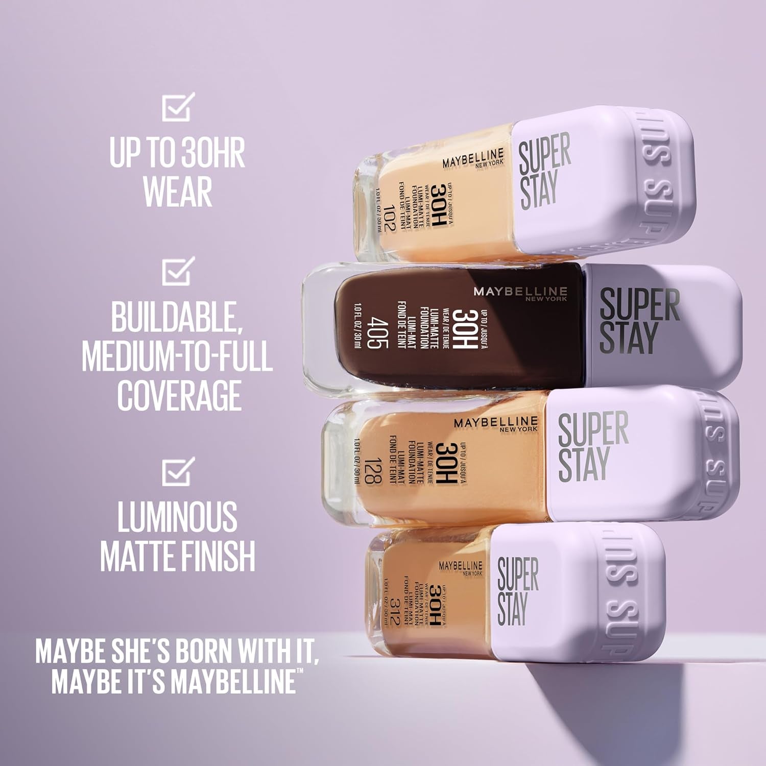 Maybelline Super Stay Lumi-Matte Foundation, Lightweight and Buildable Full Coverage Foundation Makeup for up to 30HR Wear, 125, 1 Count